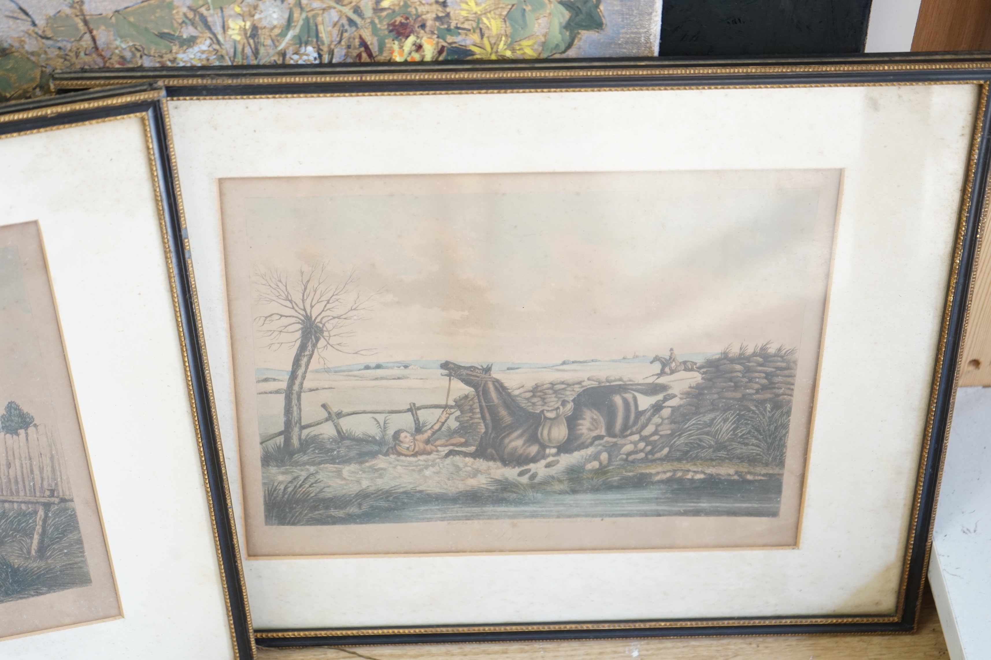 After Henry Alken (1785-1851), pair of colour prints, 'Unpleasant' and 'Dangerous', 24.5 x 31cm. Condition - poor